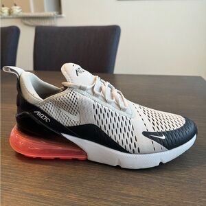 Nike Air Max 270. Light-bone hue, hot punch colorway on air max unit. Size 10.5M